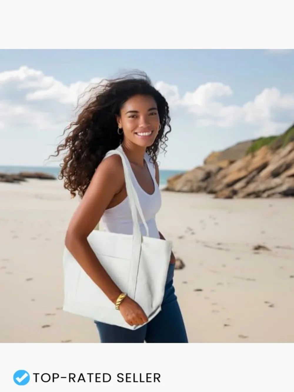 Premium Cotton Canvas Tote Bag Large Shoulder Zip Top Sturdy